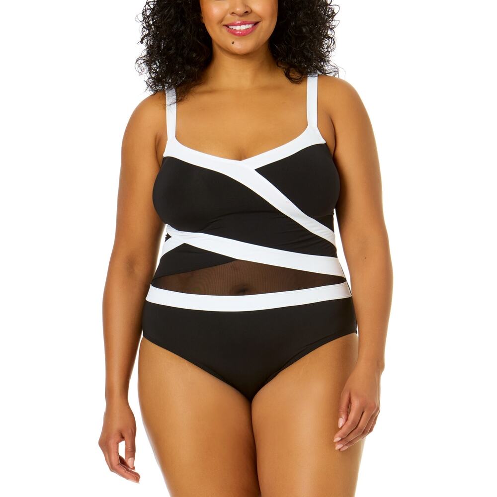 Anne Cole Plus Size Contrast-Trim Mesh-Insert One-Piece